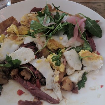 Mattie's - Duck hash with "over easy" egg. Yeah, that egg was 100% cooked through. Disappointed... - American Near Me - Austin, Texas