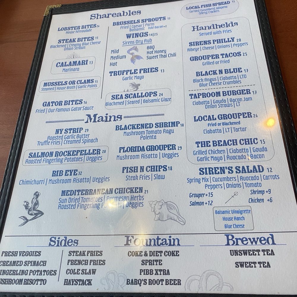 Sirens - Menu - Sharables, Mains, Handhelds, Sides, Fountain, Brewed - Sports Bars Near Me - Seminole, Florida