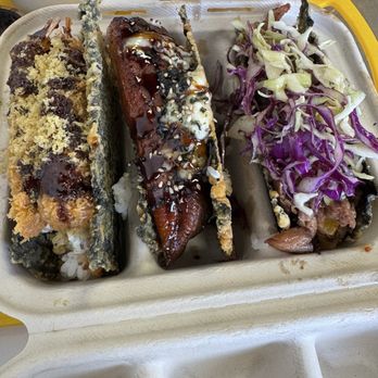 Musubi Square - Crunchy Shrimp, Spicy Yuzu Pork, and Unagi Musubi Taco - Asian Fusion Near Me - Anaheim, California