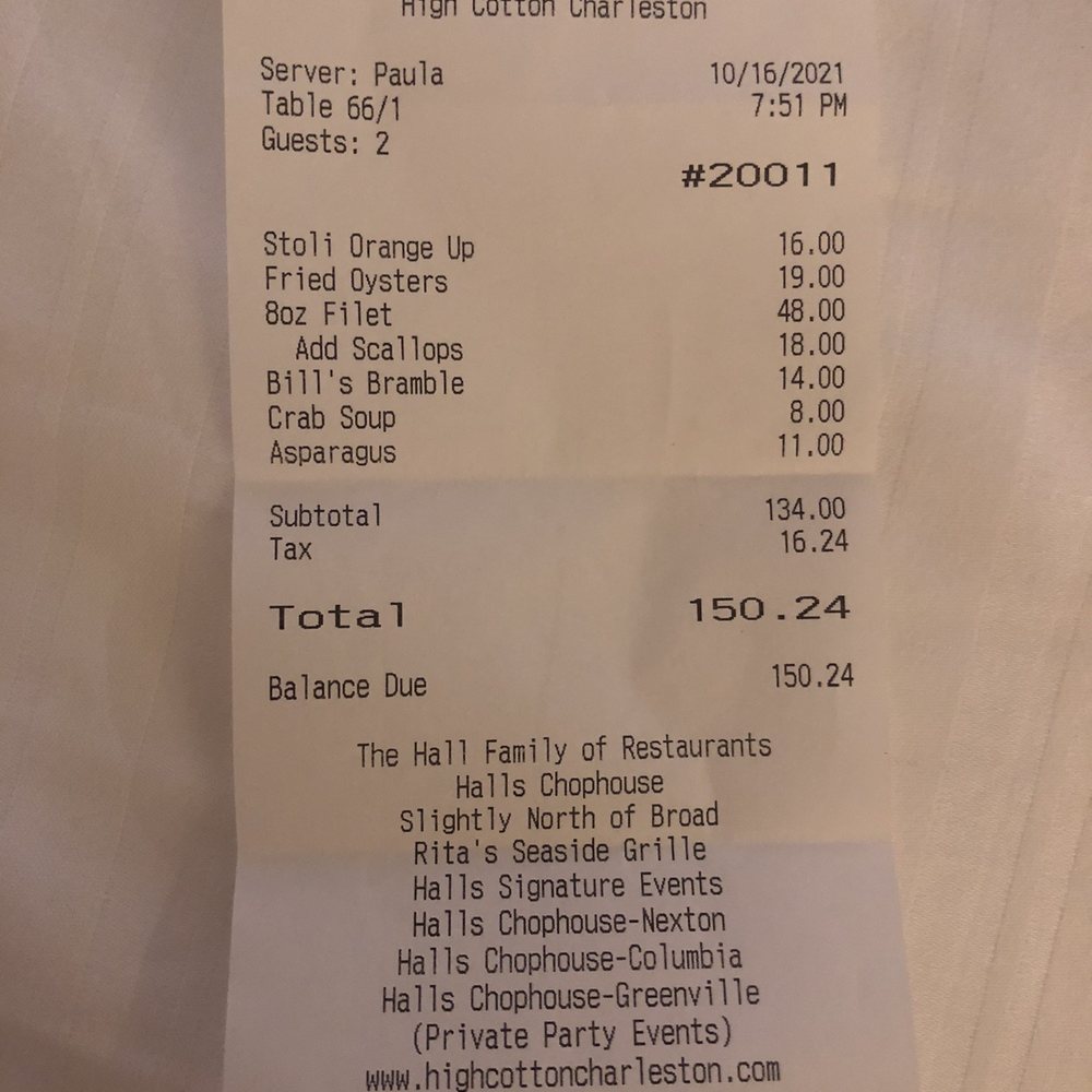 High Cotton - Receipt for dinner. - Cocktail Bars Near Me - Charleston, South Carolina