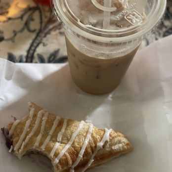 Dom's Coffee - Raspberry turnover with a Peaches & Cream iced latte - Coffee & Tea Near Me - Avon, Connecticut