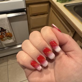 SD Nails & Spa - Red nails with white tips and green dots - Nail Salons Near Me - Seattle, Washington SD Nails & Spa - Red nails with white tips and green dots - Nail Salons Near Me - Seattle, Washington