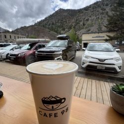 Cafe 98 - Pistachio latte, looking out window from counter seating.