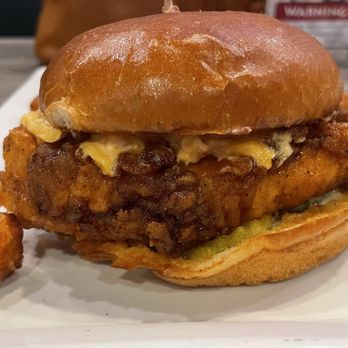 Dunwellz - Honey Hot Fried Chicken Sandwich with Pimento Cheese - Burgers Near Me - Mint Hill, North Carolina