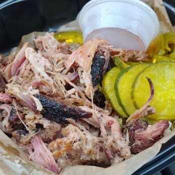 Lawrence Barbecue - 1/2# pulled pork (includes a sauce, pickles, pickled jalapenos, and slaw) - Barbeque Near Me - Cary, North Carolina