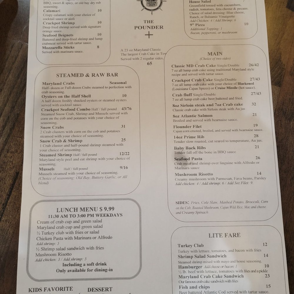 Crackpot Seafood Restaurant - Menu - Seafood Near Me - Baltimore, Maryland