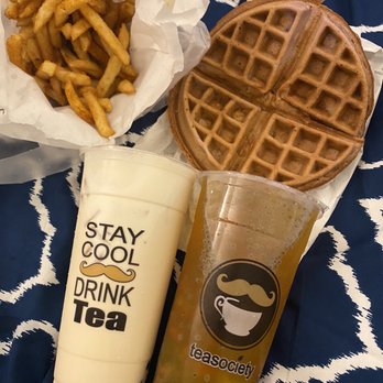 Teasociety - Flan & Boba Milk tea; Passionfruit green tea; taro waffle; spicy fries - Coffee & Tea Near Me - San Jose, California