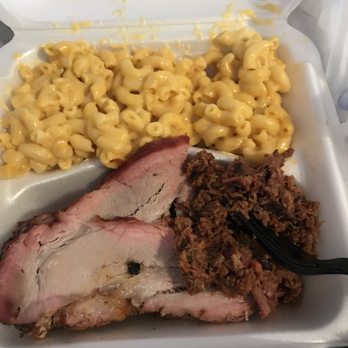 Bartley's Bar-B-Que - 3 meat plate (to go): Mac n'cheese(double order), yeast roll, chopped brisket, pork tenderloin, and pork ribs. - Barbeque Near Me - Grapevine, Texas