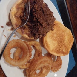 Yummy chili burger with beer batter rings.