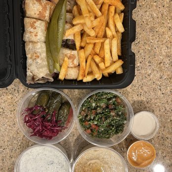 Habibi Time - Beef Shawarma Bites, 8 Oz Tabbouleh, 8 Oz Tzatziki, 8 oz Hummus, Grapes Leaves (3Pieces), fries, tahini, habibi sauce - Mediterranean Near Me - Newport Beach, California