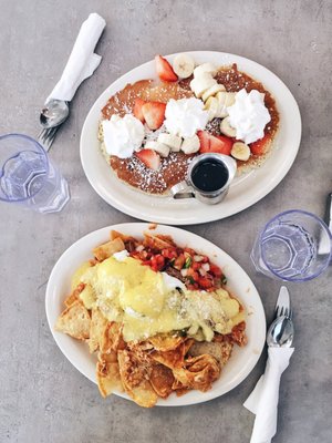 Photo of Millie's Cafe - Pasadena - Pasadena, CA, US. Chocolate chip pancakes and chilaquiles Benedict