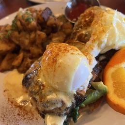 Blackened Salmon Benedict English Muffin, Blackened Salmon, Avocado, Spinach, Poached Eggs, Hollandaise