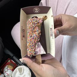 Greek yogurt and berries with dark chocolate/cookie butter candy coating and rainbow sprinkle