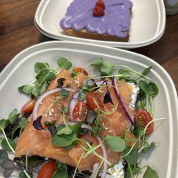 Smoked salmon & ube mascarpone toasts
