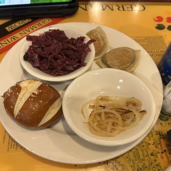 Mr. Dunderbak's - Rotkohl, 2 dumplings, onions for the Leberkaese and a pretzel roll - German Near Me - Tampa, Florida