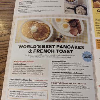 Cracker Barrel Old Country Store - Menu Page 1 (inside of front) - Southern Near Me - Manassas, Virginia Cracker Barrel Old Country Store - Menu Page 1 (inside of front) - Southern Near Me - Manassas, Virginia