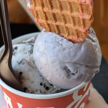 Salt & Straw - Honey lavender in purple and hazelnut cookies and cream on the left with strawberry wafer - Ice Cream & Frozen Yogurt Near Me - Los Angeles, California Salt & Straw - Honey lavender in purple and hazelnut cookies and cream on the left with strawberry wafer - Ice Cream & Frozen Yogurt Near Me - Los Angeles, California
