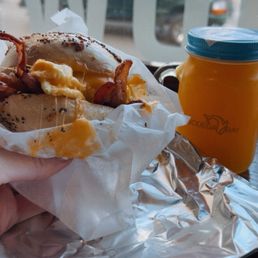 Bacon, Egg, and Cheese, with Chipotle Gourmaise Spread & Orange Juice