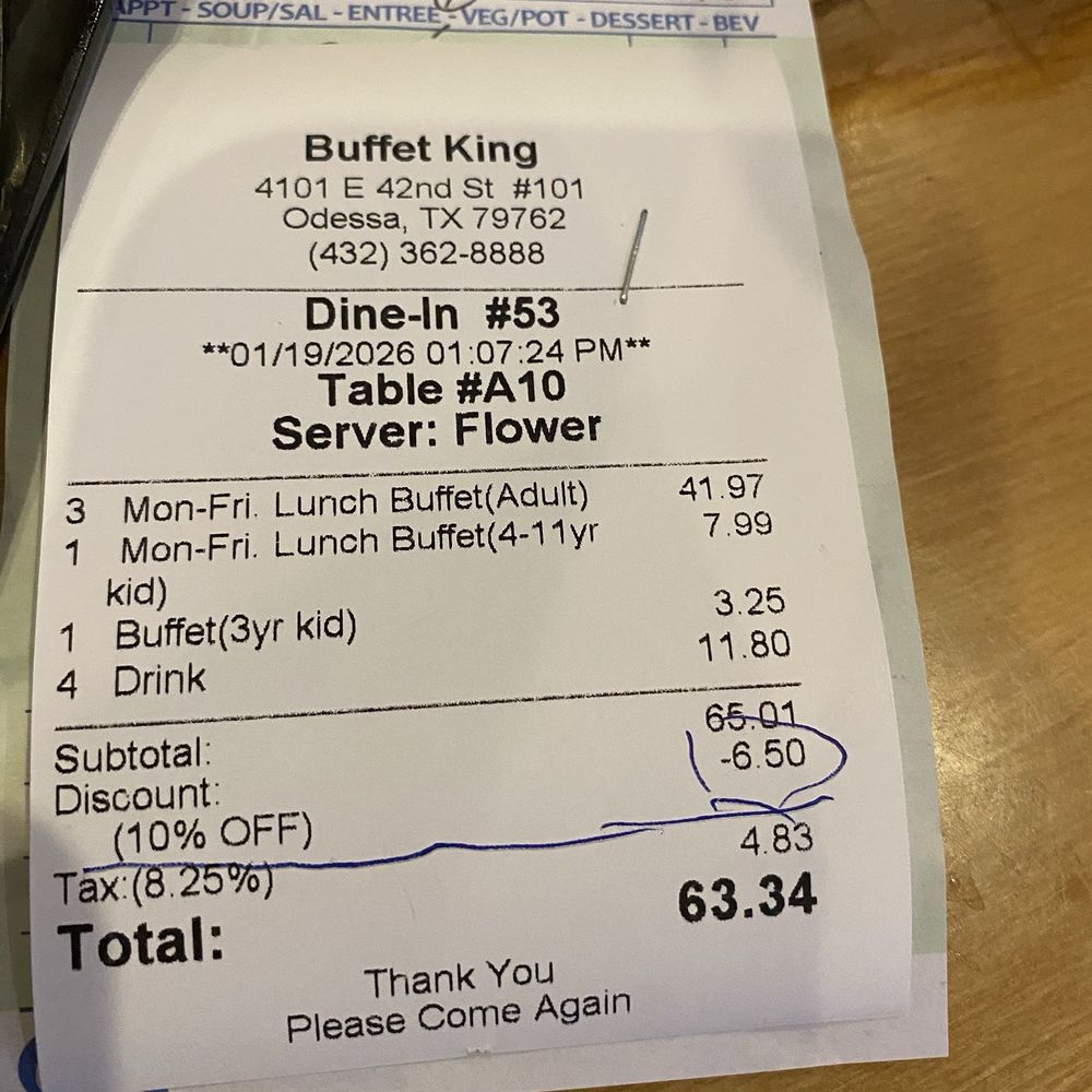 Buffet King - The discount they gave us They should taken one buffet off - Chinese Near Me - Odessa, Texas Buffet King - The discount they gave us They should taken one buffet off - Chinese Near Me - Odessa, Texas