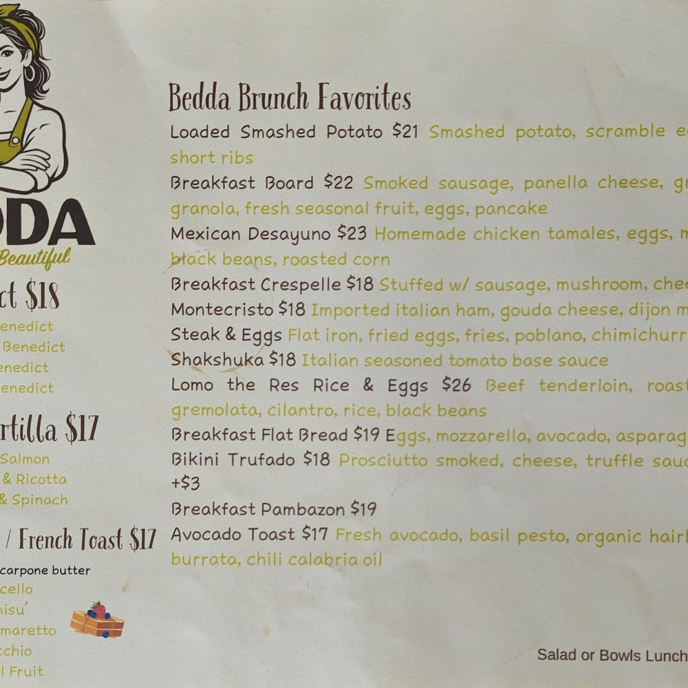 Bedda - One menu page - Breakfast & Brunch Near Me - San Diego, California Bedda - One menu page - Breakfast & Brunch Near Me - San Diego, California