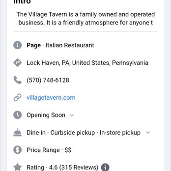 Village Tavern - Facebook page with wrong information - Italian Near Me - Lock Haven, Pennsylvania Village Tavern - Facebook page with wrong information - Italian Near Me - Lock Haven, Pennsylvania