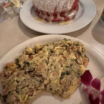 Cinnamon's Restaurant - Hawaiian Omelette and 1 PC Red Velvet Pancake - Pancakes Near Me - Kailua, Hawaii Cinnamon's Restaurant - Hawaiian Omelette and 1 PC Red Velvet Pancake - Pancakes Near Me - Kailua, Hawaii