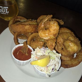 Rogue Ales Public House - Portions are huge! Battered shrimp and onions rings. You can choose your sides. I choose onion rings. - American Near Me - Astoria, Oregon