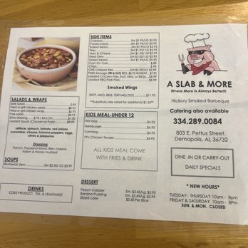 A Slab And More - Menu - Barbeque Near Me - Demopolis, Alabama
