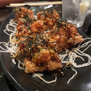 Takumi - Spicy tuna crispy rice. Spicy tuna on a fried crispy rice block - Japanese Near Me - Fresno, California Takumi - Spicy tuna crispy rice. Spicy tuna on a fried crispy rice block - Japanese Near Me - Fresno, California