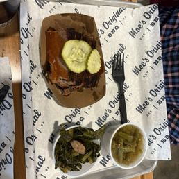 Brisket platter with green beans and collard greens