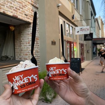 Hey Mikey's Ice Cream - Two Singles (4.5 oz each) Left: Amaretto Fudge; Right: Lemon Custard & Creme Brulee - Ice Cream & Frozen Yogurt Near Me - Galveston, Texas Hey Mikey's Ice Cream - Two Singles (4.5 oz each) Left: Amaretto Fudge; Right: Lemon Custard & Creme Brulee - Ice Cream & Frozen Yogurt Near Me - Galveston, Texas