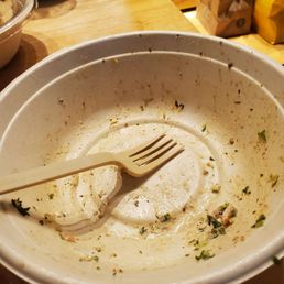 My finished bowl, formerly of mixed super greens and grilled chicken.. My finished bowl, formerly of mixed super greens and grilled chicken..