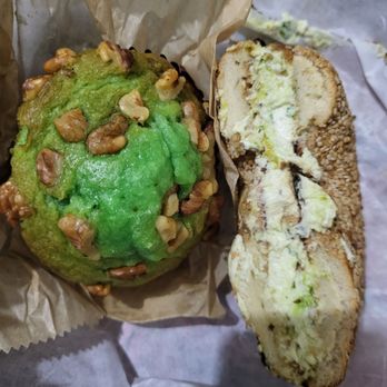 Liberty Bagels - Sesame seed bagel with avocado and herb cream cheese and a pistachio muffin - Bagels Near Me - New York, New York Liberty Bagels - Sesame seed bagel with avocado and herb cream cheese and a pistachio muffin - Bagels Near Me - New York, New York