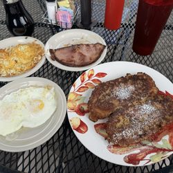 The Patio Cafe - French toast, Eggs over easy, hashbrowns and ham steak