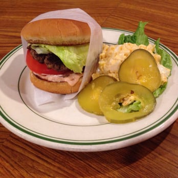 Pie 'n Burger - Hamburger with a side of macaroni salad. - Burgers Near Me - Pasadena, California Pie 'n Burger - Hamburger with a side of macaroni salad. - Burgers Near Me - Pasadena, California