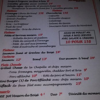 La Chapelle - Menu of everything except the pizzas. - Pubs Near Me - Mercier, Quebec