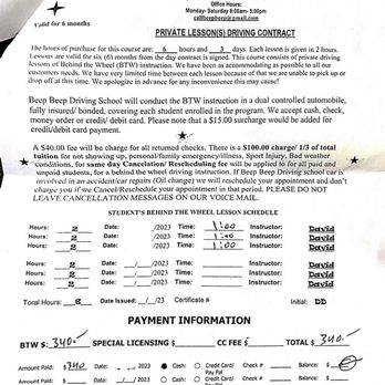 Beep Beep Driving School - Scheduling, Payment, No Refund, and Fee charge for David's services. - Driving Schools Near Me - Glendora, California