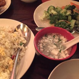 Yong Chow Fried Rice, Soup and Broccoli with Ginger & Garlic Yong Chow Fried Rice, Soup and Broccoli with Ginger & Garlic