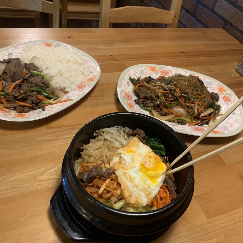 Rice with marinated meat, japchae / noodles , bibimbap Rice with marinated meat, japchae / noodles , bibimbap