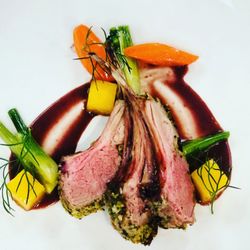 D1 and Only Personal Chef and Private Events - Lamb chops, root vegetables, black olive coulis