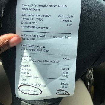 Smoothie Jungle Cafe - Receipt of me having to get a refund. - Sandwiches Near Me - Fort Lauderdale, Florida Smoothie Jungle Cafe - Receipt of me having to get a refund. - Sandwiches Near Me - Fort Lauderdale, Florida