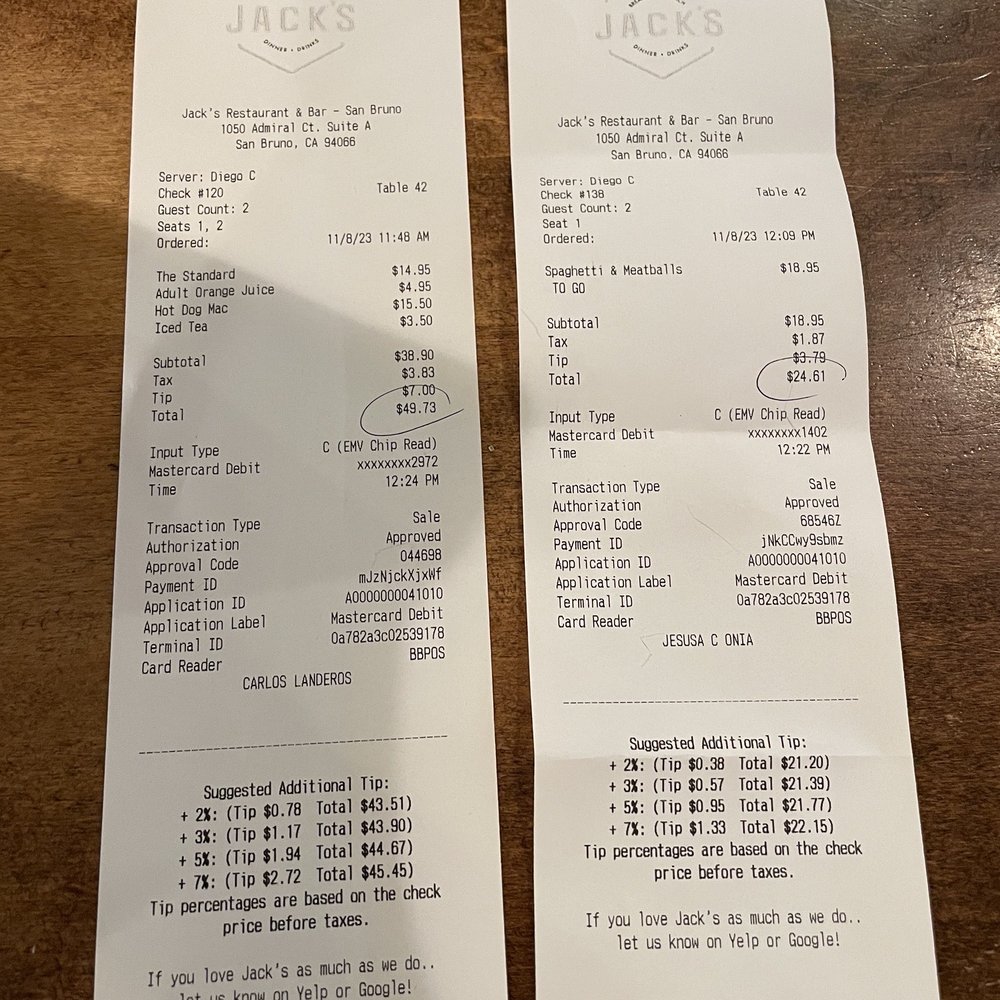As you will see the two receipts..one for our good..hubby gave 18%!! Ughh!! :{ My Mom's to go order..gave 20%!!! :{