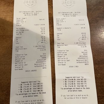 Jack's Restaurant & Bar - As you will see the two receipts..one for our good..hubby gave 18%!! Ughh!! :{ My Mom's to go order..gave 20%!!! :{ - American Near Me - San Bruno, California