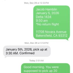 All Three Shuttle Service - Confirmation text from the company dated a week before.
