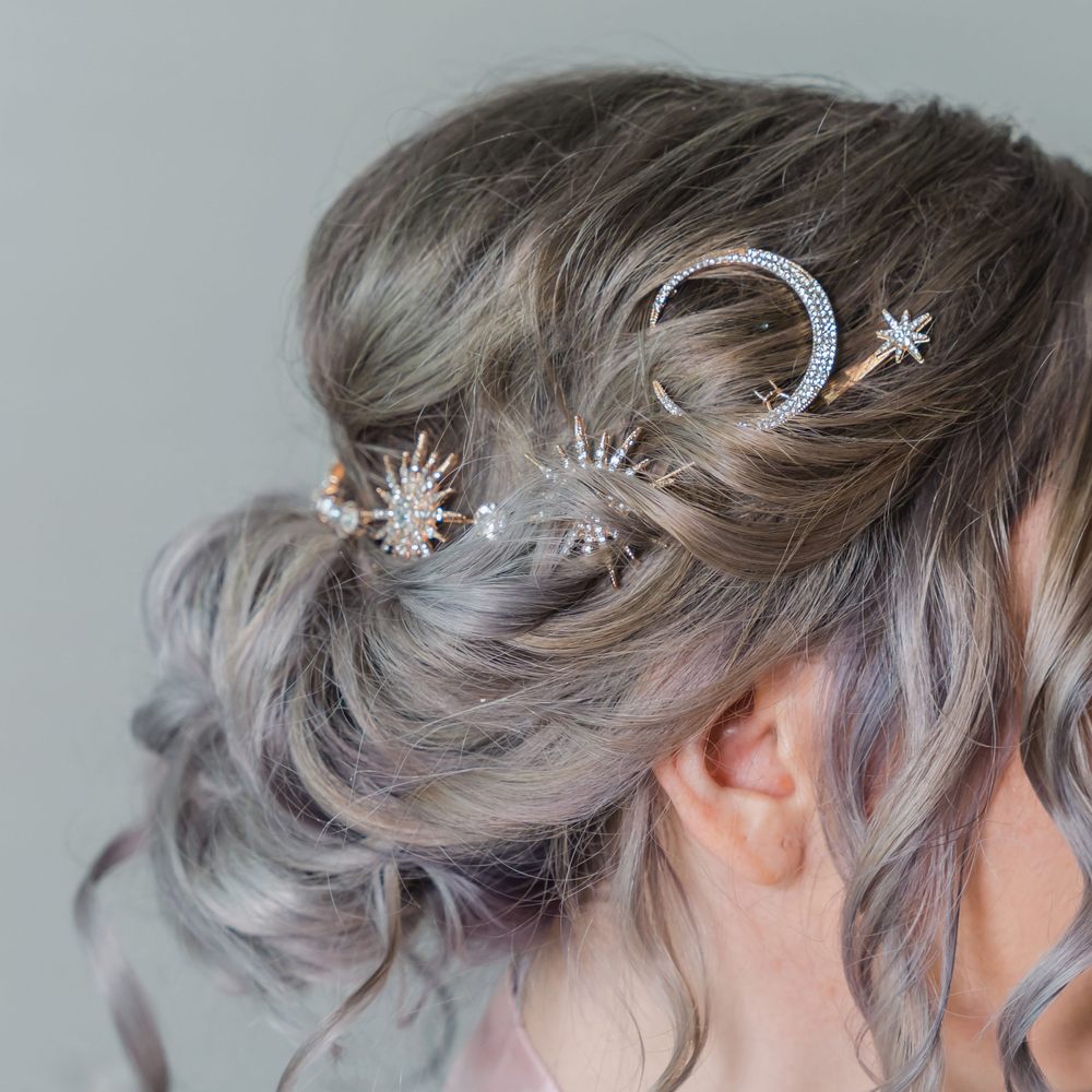 Quendie Joy - My bridal hair, by Quendie, from the side view with the moon and star pins I wanted. - Makeup Artists Near Me Quendie Joy - My bridal hair, by Quendie, from the side view with the moon and star pins I wanted. - Makeup Artists Near Me
