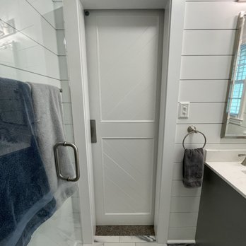 Raleigh Woodworks - Single barn door inside bathroom to MBR - Cabinetry Near Me Raleigh Woodworks - Single barn door inside bathroom to MBR - Cabinetry Near Me