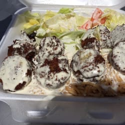 King Food / Halal Food - Falafel over rice with eggplant and white sauce