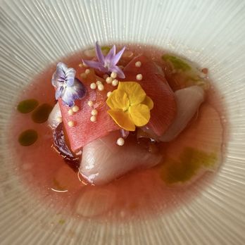 Shimogamo - Hamachi Peach Crudo peach amazu / pickled daikon / smoked tomato oil / red pepper - Japanese Near Me - Gilbert, Arizona Shimogamo - Hamachi Peach Crudo peach amazu / pickled daikon / smoked tomato oil / red pepper - Japanese Near Me - Gilbert, Arizona