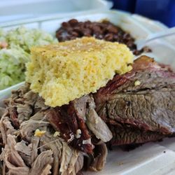 Mike's BBQ 101 - 2 Meat Combo, with pork and beef brisket, plus coleslaw, baked beans, & spicy cornbread