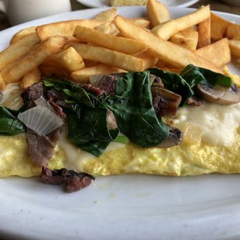 The Egg House - Uncle Joey Omelette Roast beef, spinach, mushrooms, onions, pepper jack cheese With fries - Breakfast & Brunch Near Me - Simi Valley, California The Egg House - Uncle Joey Omelette Roast beef, spinach, mushrooms, onions, pepper jack cheese With fries - Breakfast & Brunch Near Me - Simi Valley, California